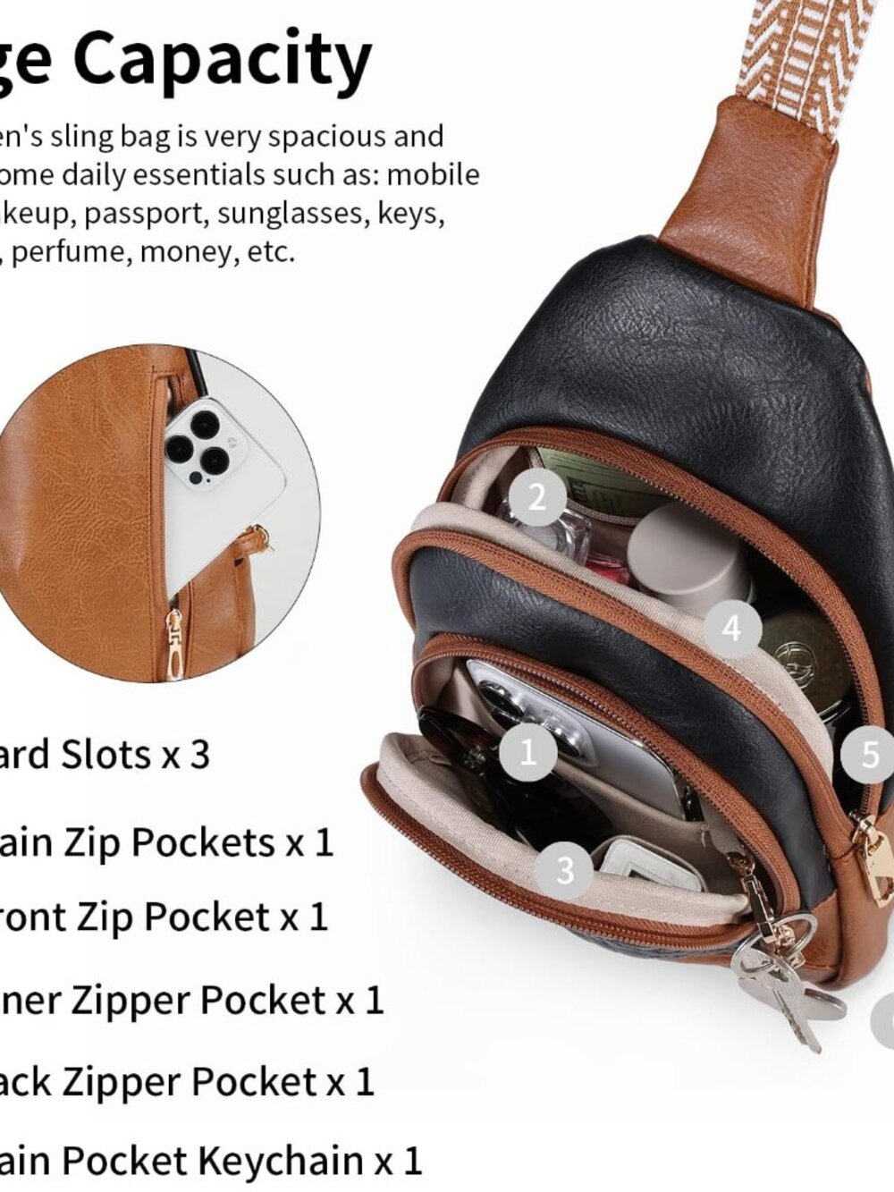 Women Black Brown Anti Theft Small Sling Zipper Lock Vegan Leather Crossbody Bag - Picture 6 of 6